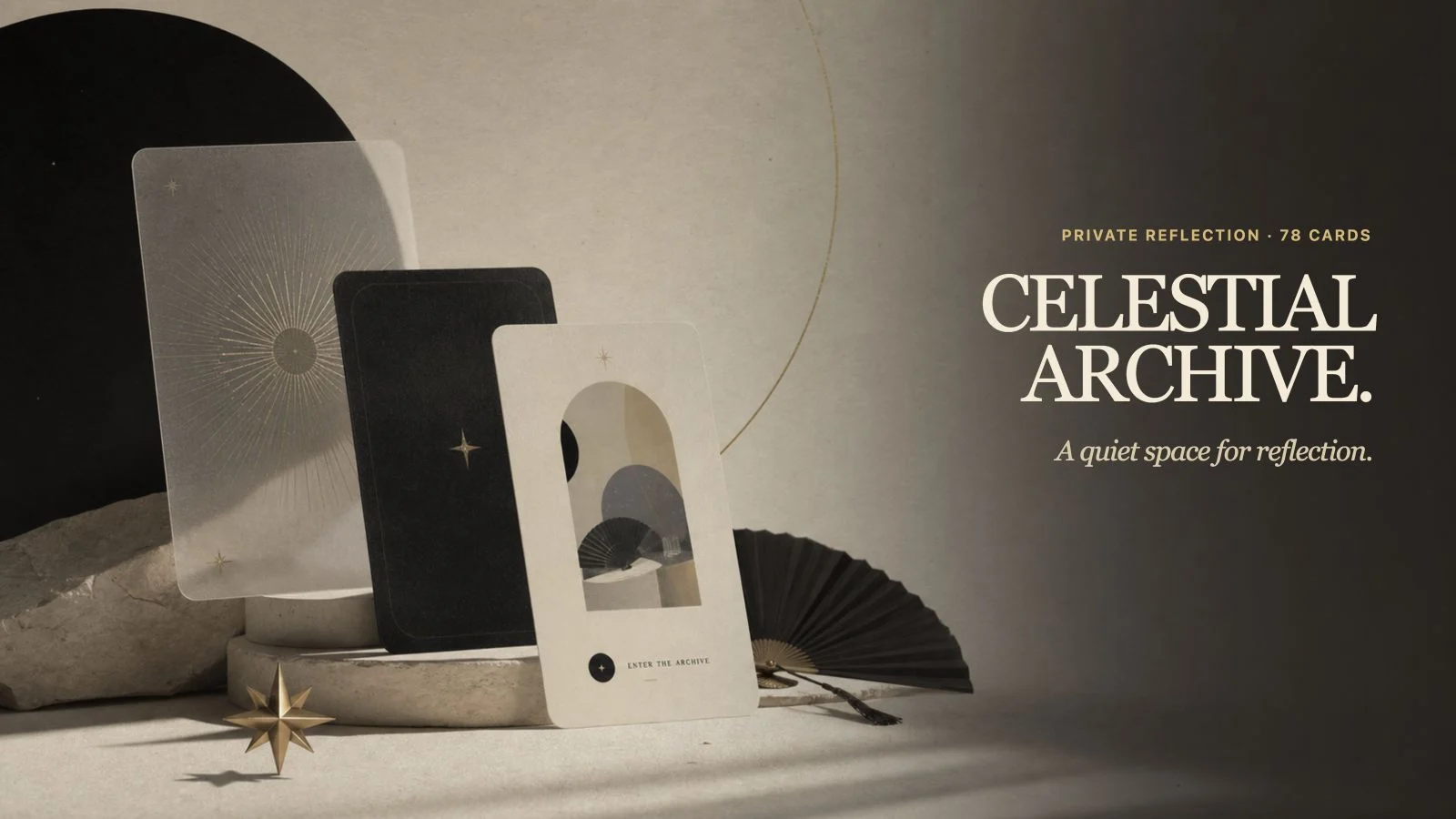 Celestial Archive title beside three ceremonial cards, an eclipse, a paper fan, and a gold compass star