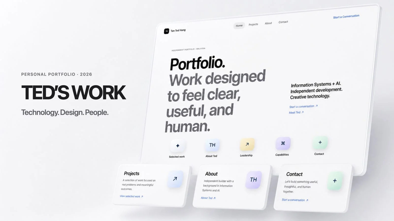 TED’S WORK editorial wordmark beside a floating presentation of Ted’s portfolio interface