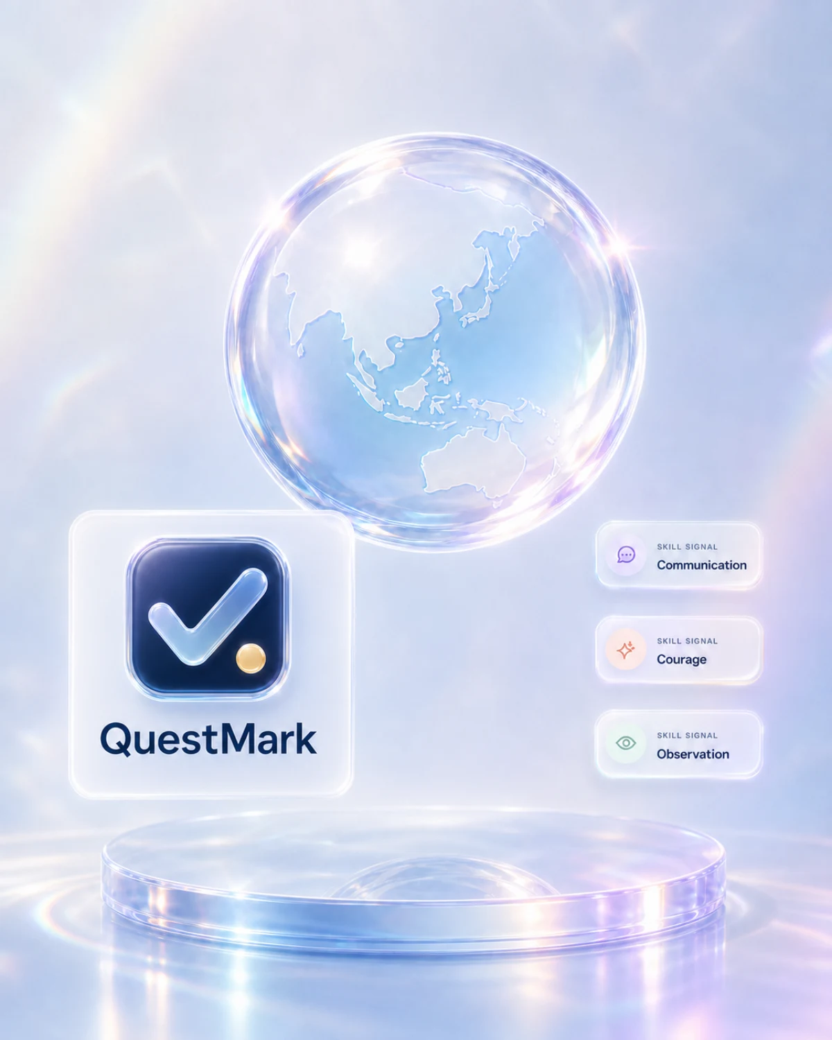 QuestMark poster with a liquid-glass globe and three skill signals