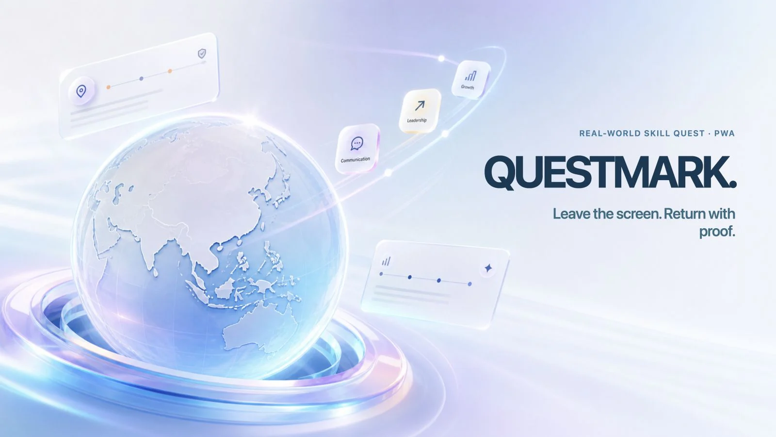 QuestMark liquid-glass globe launching from an orbital portal with communication, leadership, and growth signals